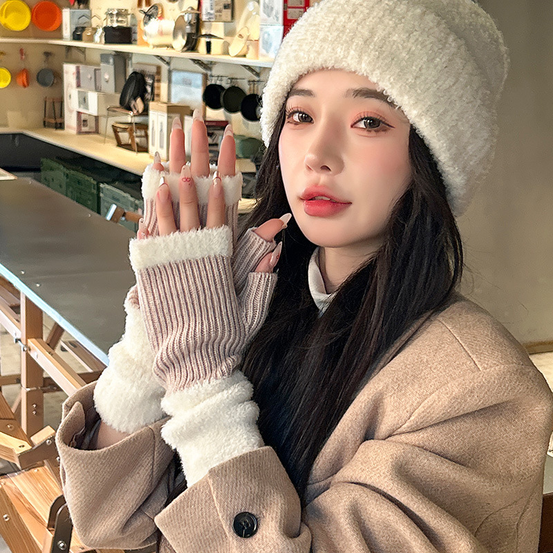 2024 New Korean Style Half Finger Warm Gloves for Autumn and Winter Women's Knit Gloves