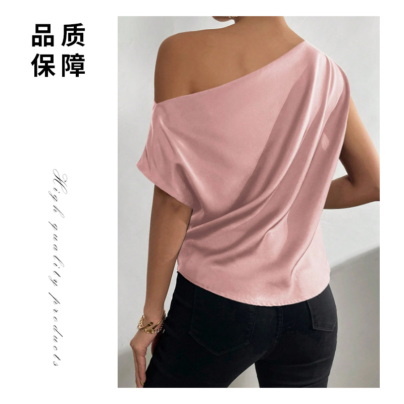 Picture of 2025 Spring Solid Color Satin Simulated Silk Irregular Sloping Shoulder One-Neck Pullover Sleeveless Shirt Women's European and American Clothing