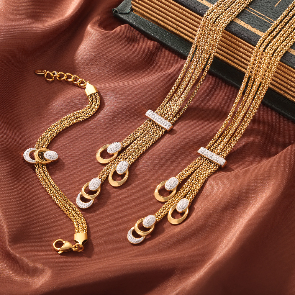 Hong Kong Style Fashion Simple Jewelry Color Glazed Diamond Belt Buckle Design Multi-layer Chain Stacked Wear Style Titanium Steel Jewelry suit
