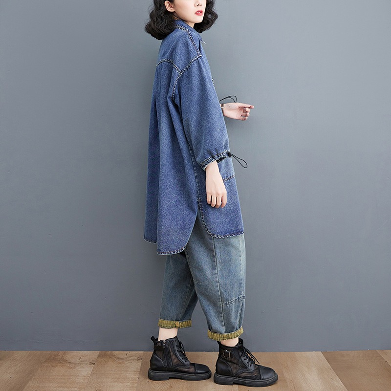 Picture of Spring and Autumn New Denim shirt skirt plus size distressed retro top drawstring large pocket loose meat covering dress