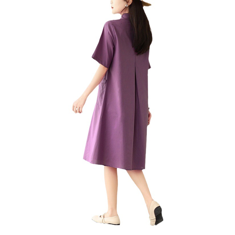 Real Shot 2024 Summer New Artistic Loose Large Size Women's Clothing Fat MM Mid-length Solid Color Elegant Cotton and Linen Dress