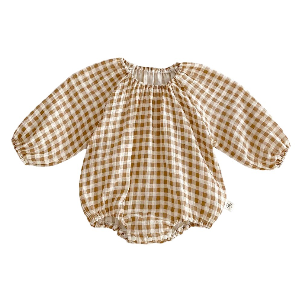 Children's spring round neck long-sleeved jumpsuit baby girls' cotton yarn plaid printed sheath baby outing romper