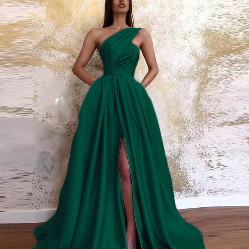 Picture of Temperament Sloping Shoulder Evening Gown Sexy Slit Sloping Shoulder Evening Dress