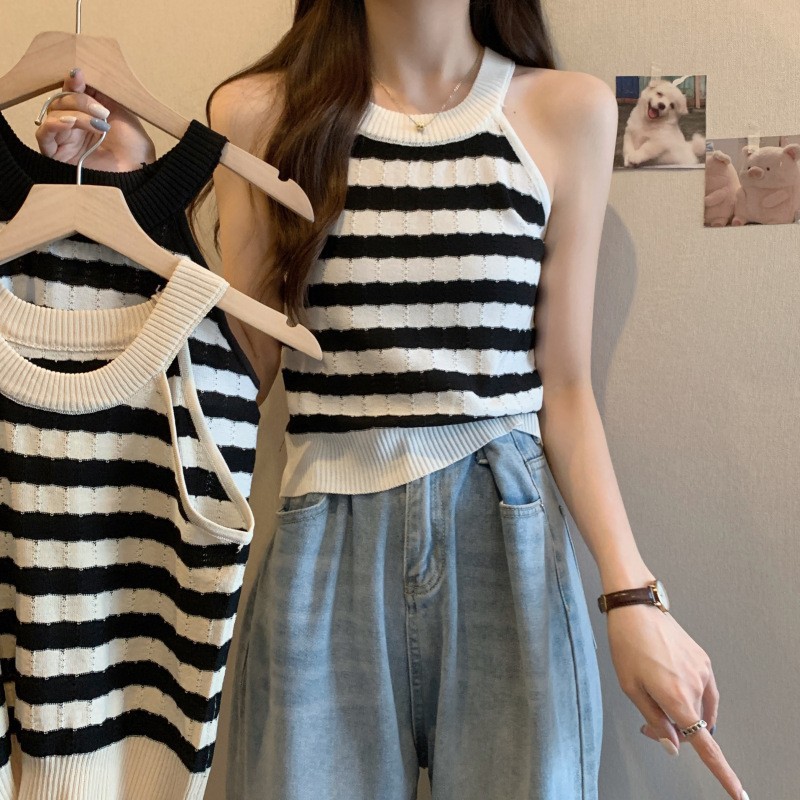 Black and White Color-blocked Stripesd Short Halterneck Camisole Women's Inner Wear Summer Outer Knitwear Sleeveless Bottoming Top