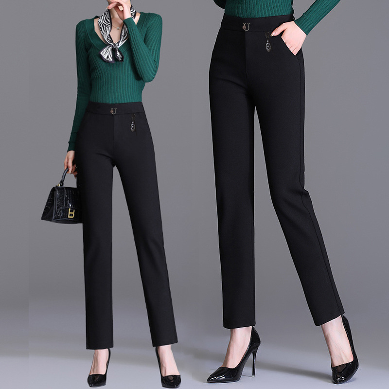 Yiwu Factory Autumn and Winter Trousers Slim Fit High Elastic Small Straight Small Black Trousers Women's Casual Mom Trousers Large Size