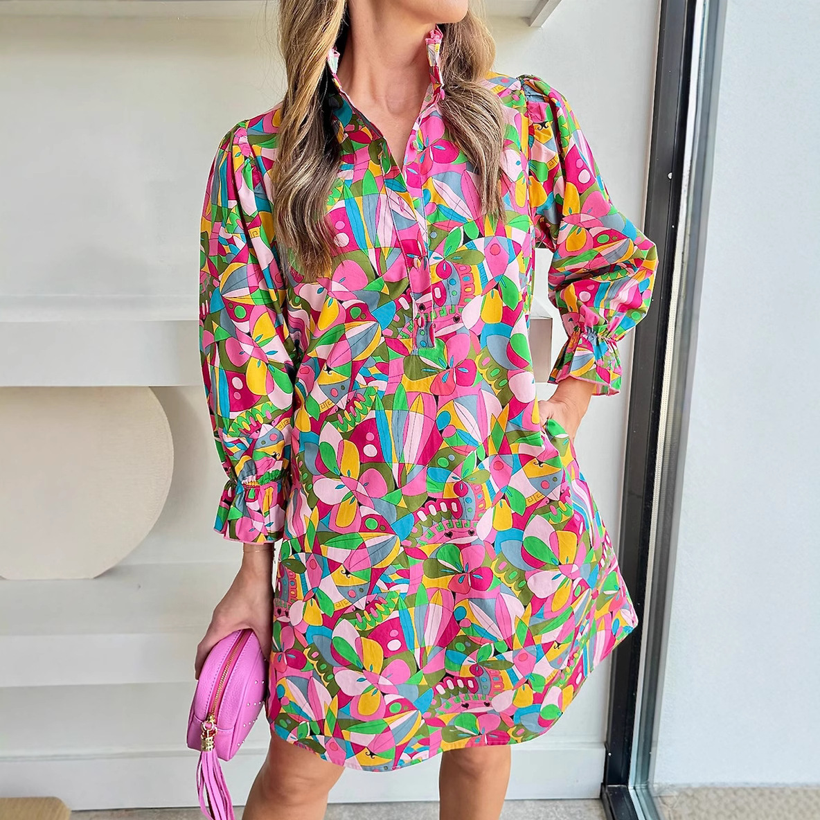 European and American Cross-Border 2025 Spring New Fashion Printed Button Lotus Leaf Collar Puff Sleeve Lace-Up Mid-Length Dress