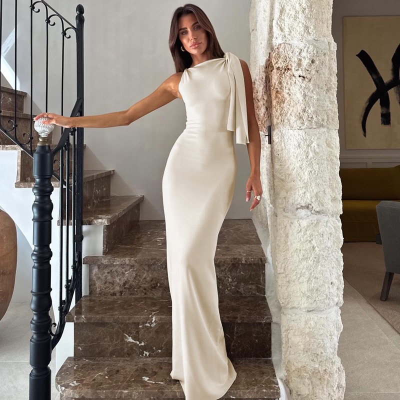 Summer solid color wholesale elegant Amazon single-shoulder ribbon hot-selling foreign trade dress fashion new women's clothing