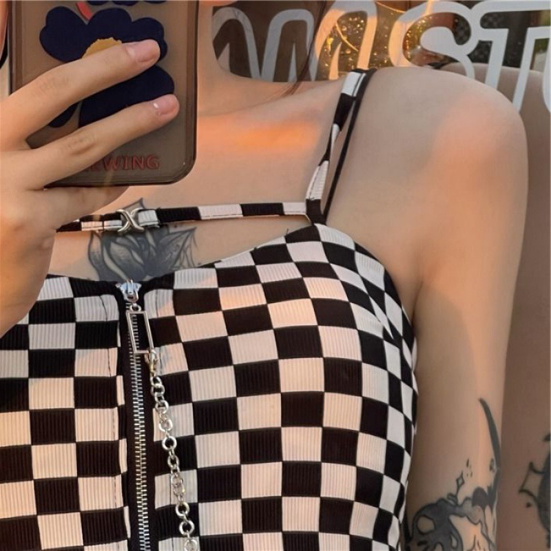 Hot Girl Style Sweet Cool Zipper Short Black and White Lattice Camisole Inner Wear Outer Wear Jazz Small Camisole Top Women's Fashion