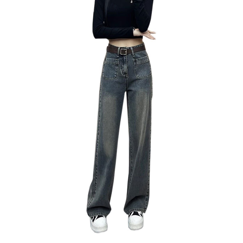 Pear-shaped small wide-leg jeans women's new cement gray high waist pocket design narrow straight mop pants