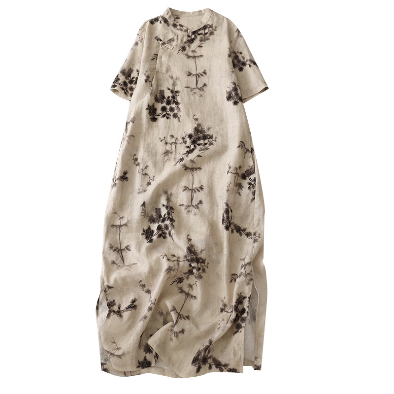 Picture of Real Shot 2024 Summer New Chinese National Style Printed Loose plus size Women's Wear Slimming Modified Cheongsam Linen dress