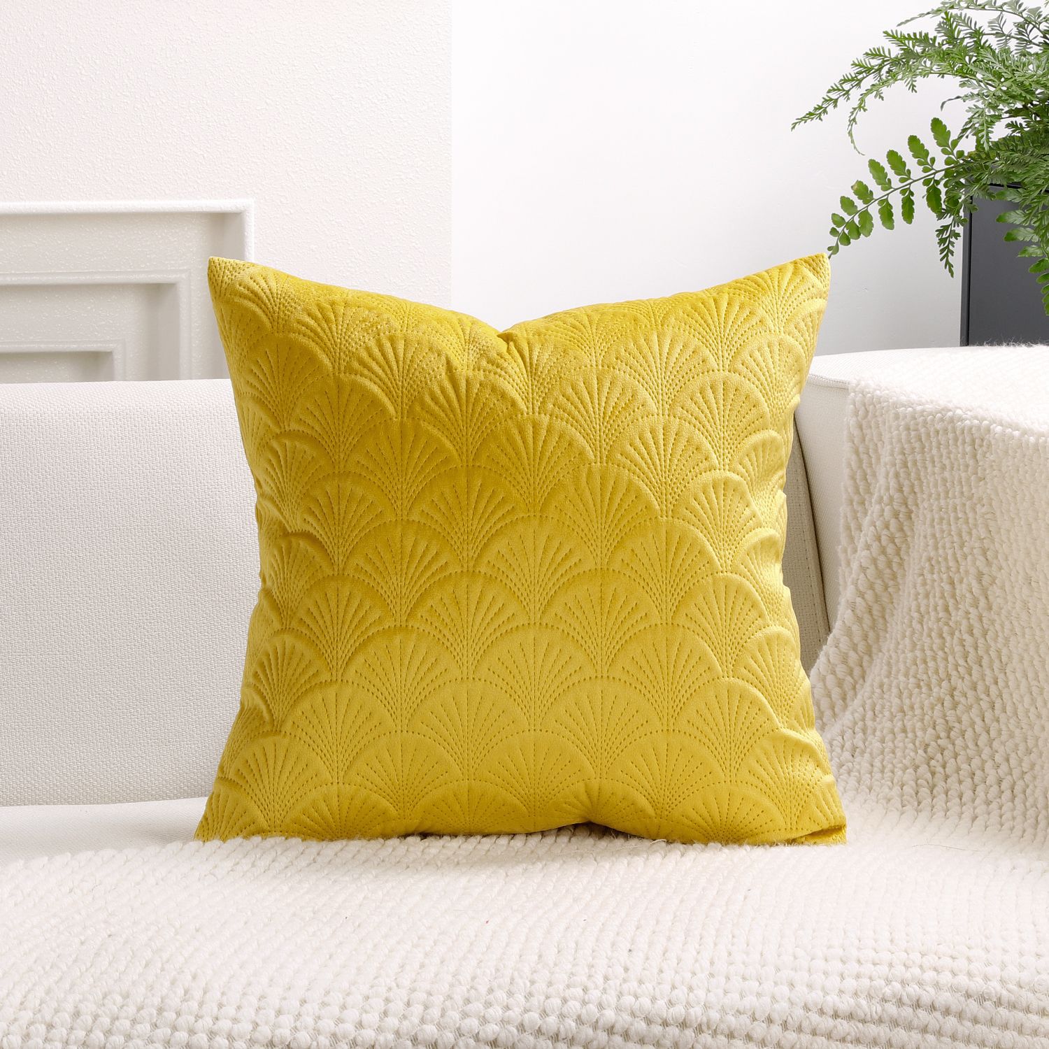 Picture of Scandinavian Style Ginkgo Leaf Sofa Pillowcase Living Room Decoration Pure Color Velvet Back Cushion Cover, Home Bedside Cushion
