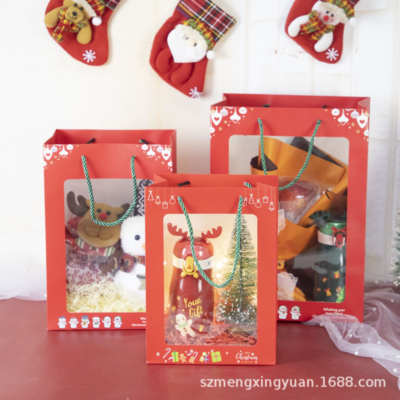 High-value Christmas Cartoon Santa Claus Reindeer Snowman Transparent Window Opening Gift Hand Paper Bag