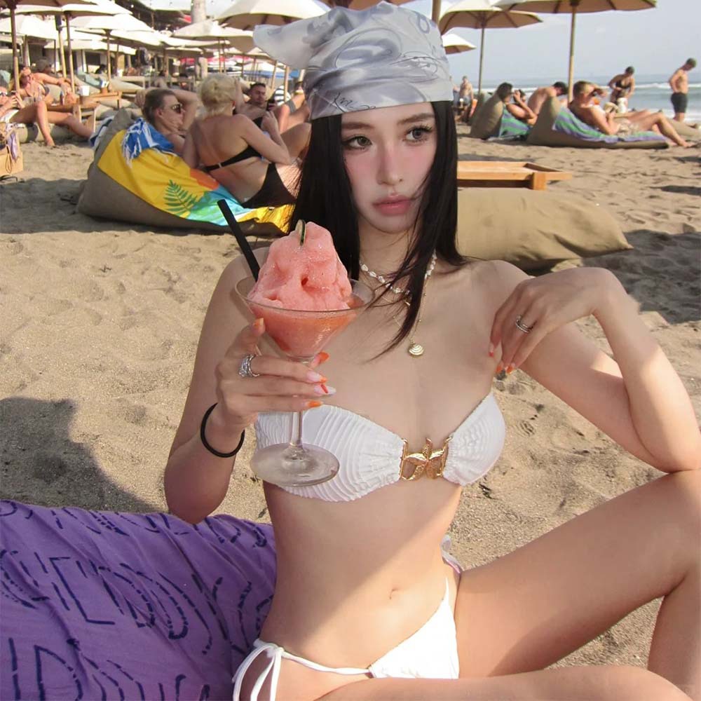 New Starfish Decorative Lace-Up Bikini European Style Ins Strapless Spice Hot Spring White Textured Split Swimsuit for Women