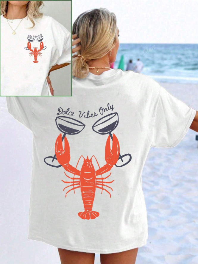 Lobster Illustration Soda Flavor Women's Casual Round Neck Short Sleeve T-Shirt Pure Cotton Summer Beach Clothing Foreign Trade Shein Hot Sale