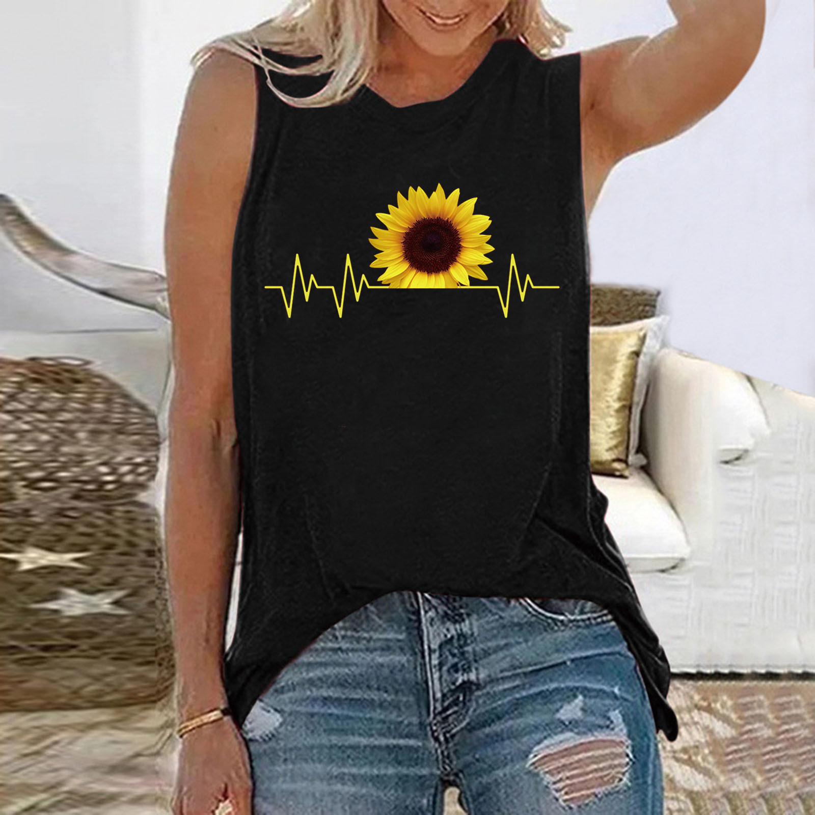 2021 Amazon AliExpress Cross-border Sunflower ECG Women's Round Neck Loose Top Sleeveless T-shirt