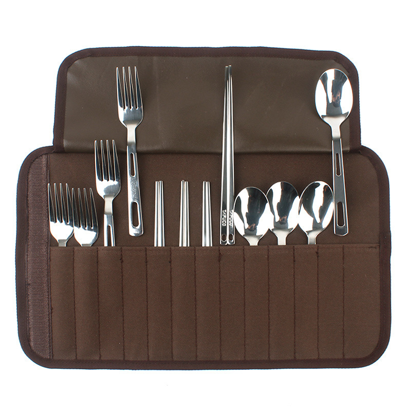 Picture of Outdoor Tableware Set Camping Barbecue 4 Person Tableware Portable Stainless Steel Spoon Chopsticks Fork Travel picnic bag