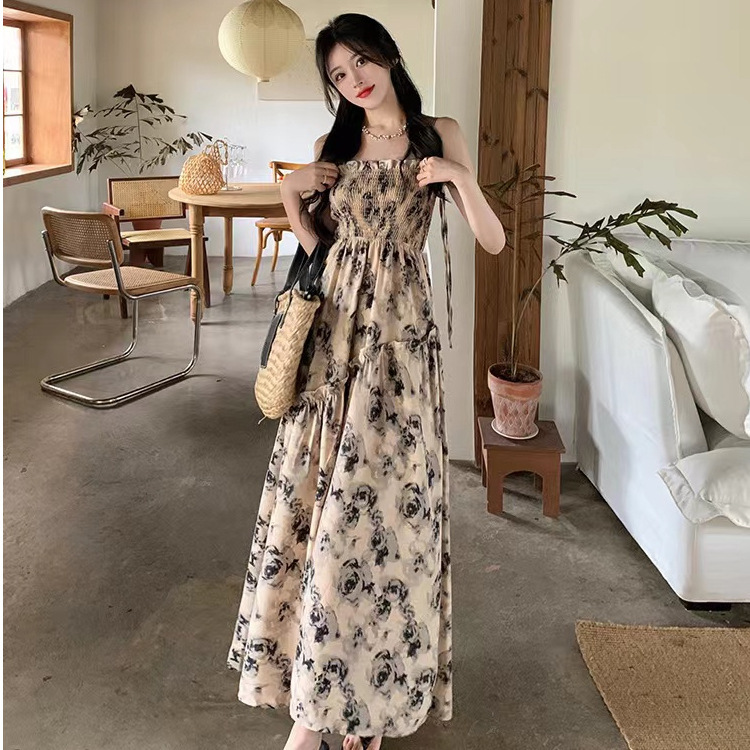 Elegant Stunning Sling Long Dress Summer 2024 New Holiday Style Super Fairy Mori Floral High Waist dress