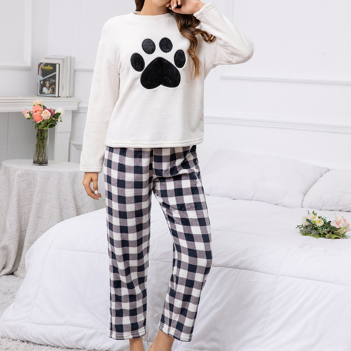 Cross-border Fall/Winter Pajamas suit Foreign Trade Women's Casual Home Clothes Cat's Claw Pattern Long Sleeve Plaid Trousers Two-piece Set