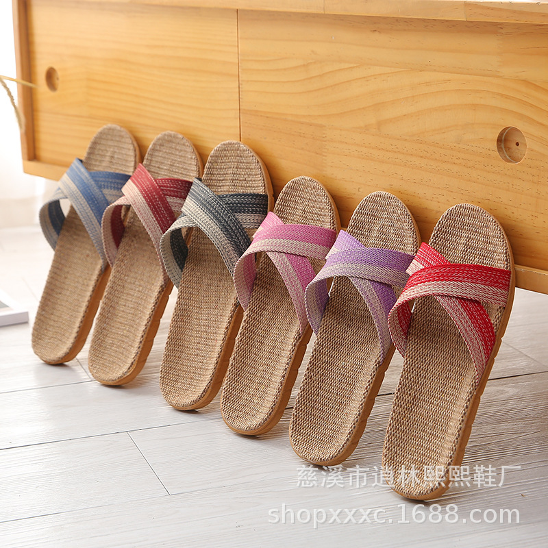 Slippers linen slippers indoor floor mute slippers Four Seasons slippers men and women couple home Cross home slippers