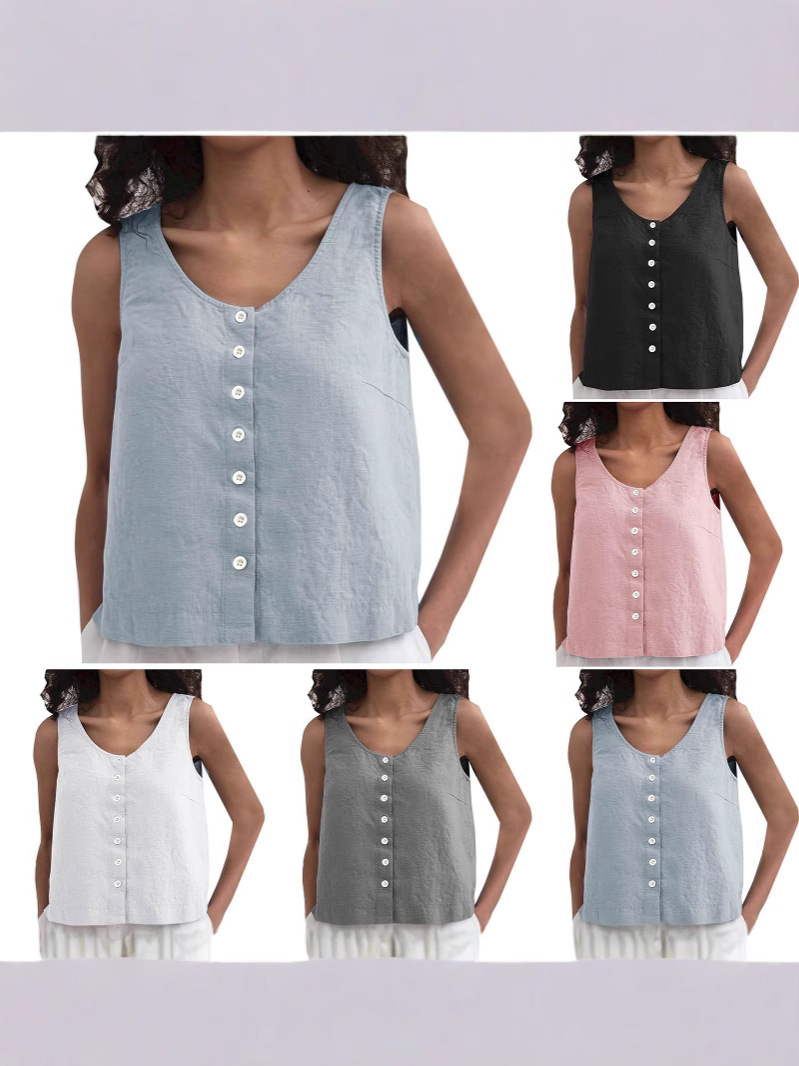 2025 Popular Cross-Border Amazon Loose Lazy Button Vest Linen Relaxed Versatile Comfortable Sleeveless Top
