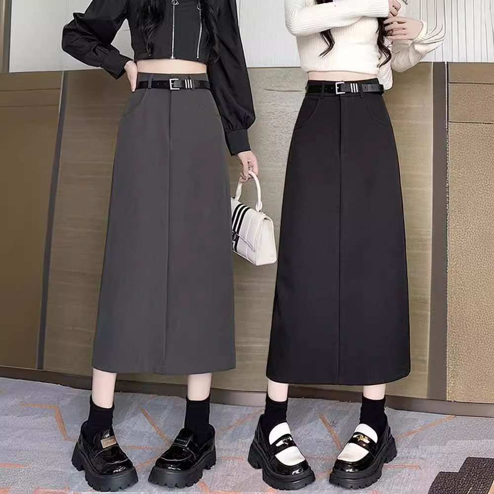 Black Suit Skirt Women's 2024 New Spring and Autumn Hot High Waist Slimming A- line Split Elegant All-match Skirt