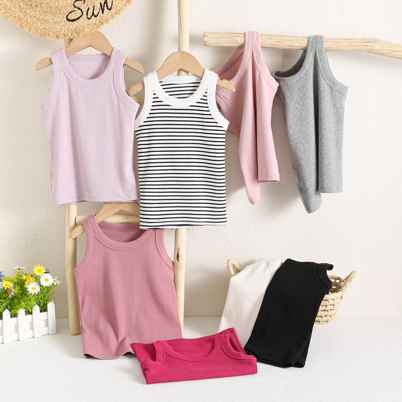 Xiao Bai Home Threaded Cotton Vest for Boys and Girls Inner Wear Outer Wear Striped Basic Vest Outer Wear Single Vest Shake Sonic Explosion