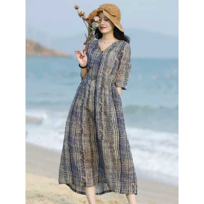 2023 spring and summer new striped temperament ramie dress popular lazy style retro printed waist dress women