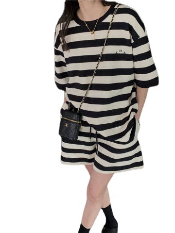 Picture of Large Size Fashionable Striped Embroidered Short-sleeved Top Two-piece Set Women's Casual Loose Slimming High Waist Wide-leg Shorts Set
