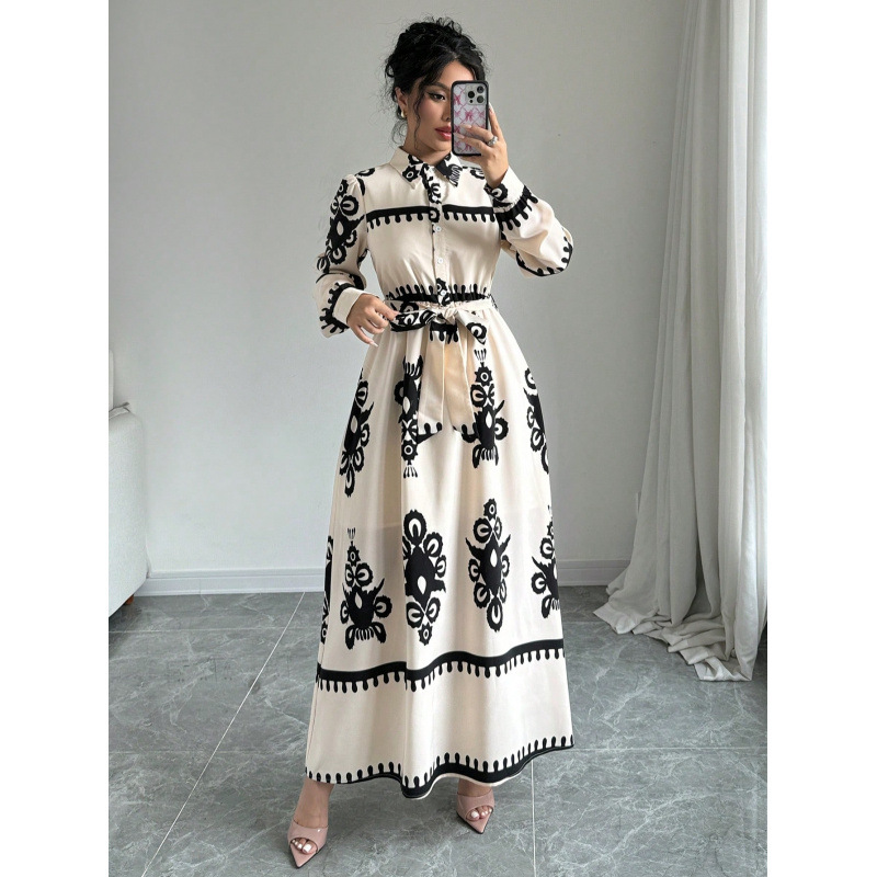 2024 Foreign trade cross-border AliExpress Amazon Europe and the United States new printed lapel lace fashion dress