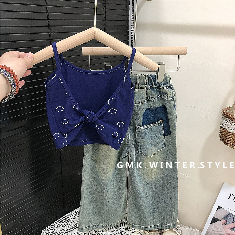 Girls' Backless Fashionable Camisole Summer New Children's Baby's Ripped Denim Wide Leg Pants clothes