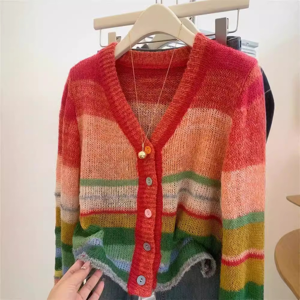 Picture of Rainbow Contrast Color V-neck Sweater Women's Autumn and Winter High-end Sense Super Good-looking Cardigan Jacket Candy Color Sweater Top Trendy