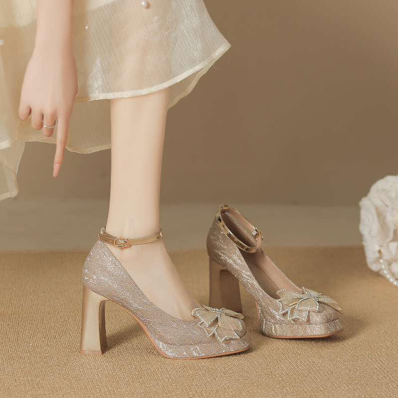 8126-5 Square Head Thick Heel Mary Jane Shoes Women Korean Fairy Style Bow High Heels Waterproof Platform Women's Single Shoes