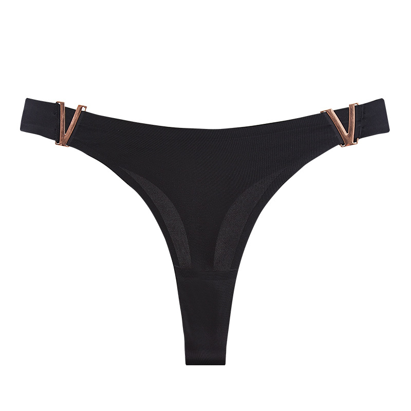 Picture of European and American sexy V-shaped metal thong ice silk underwear seamless hip lifting low waist high fork half sheath briefs for women