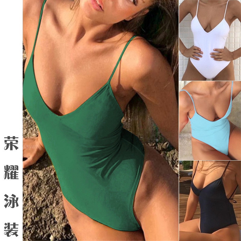 European and American New Solid Color One-piece Swimsuit Women's Sexy Backless Cross One-piece Swimsuit Bikini Swimsuit Bikini