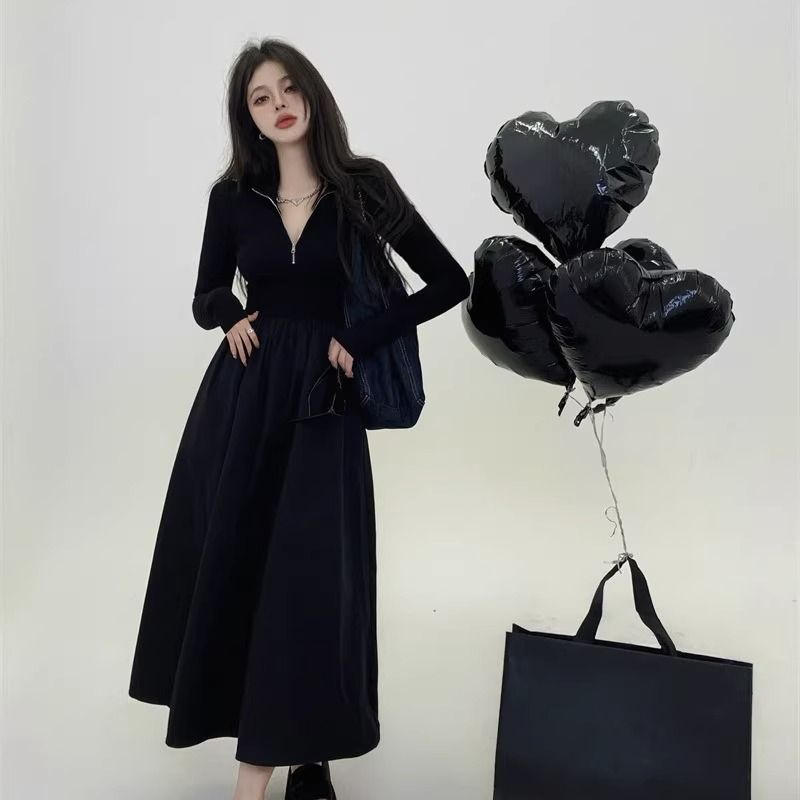 Plus-size plus-size plus-size girl autumn French vintage slimming polo collar long dress, body-hiding high-end dress, 240 jin