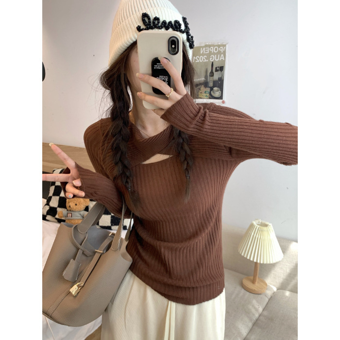 Picture of Designed Cut Out Long-Sleeved Knitwear Women's Autum K-Style New Slim Fit Elastic Inner Bottoming Top