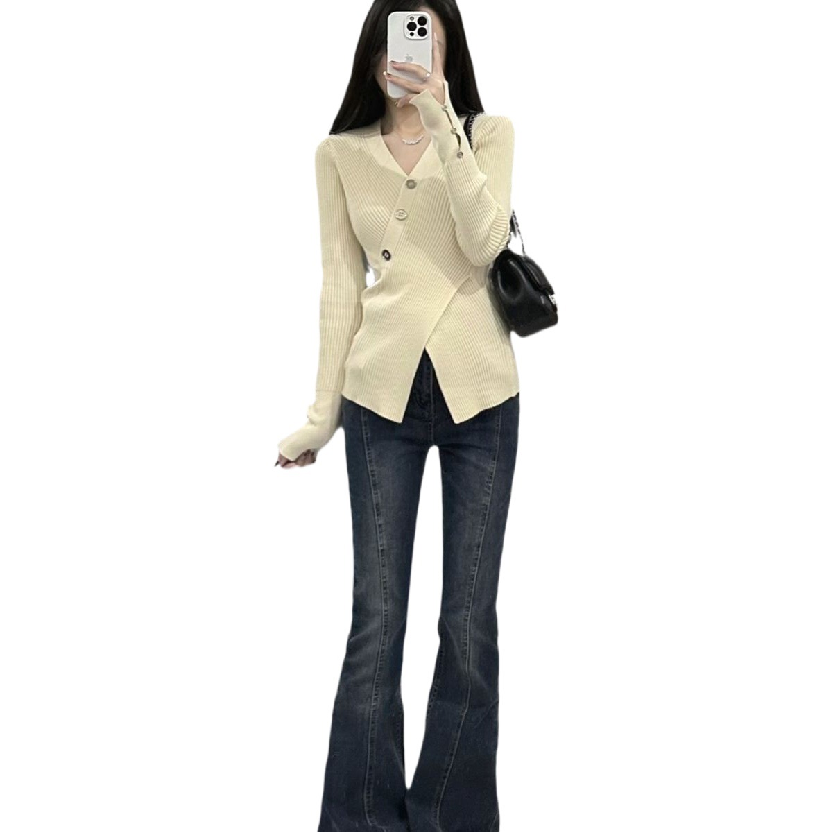 2024 New Early autumn wear long-sleeved coat V-neck slim top knitted cardigan inner sweater women's spring clothing