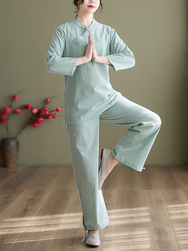 New Chinese Style Retro Buckle Slant Placket Loose Casual Cotton and Linen Zen Tea Suit Justices Yoga Taiji Suit for Women