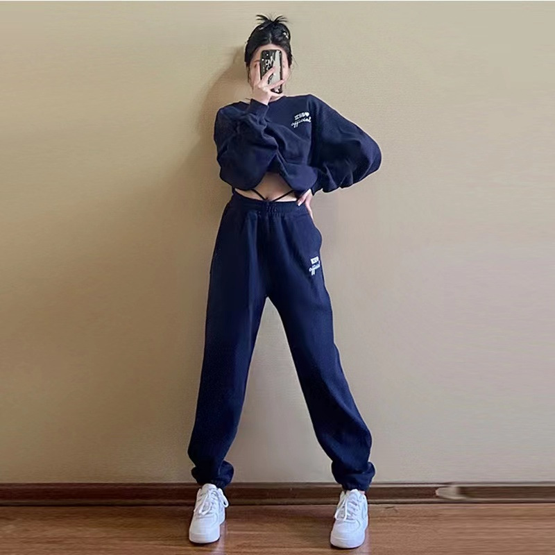 Korean Style Loose Slimming Sports Suit for Women, Autumn Student Casual Street Fashion Trendy Sweatshirt Two-Piece Set