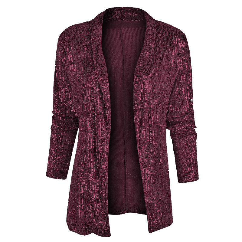 Picture of 2025 Spring New European and American Amazon Sequined Long-Sleeved Elegant Mid-Length Small Suit Lapel Pure Color Jacket for Women