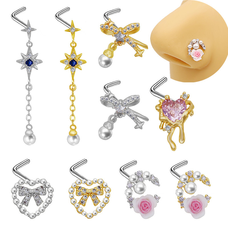 Picture of Gaibei Europe and the United States cross-border pearl heart-shaped nose nail heart-shaped wings bow l rod puncture nose nail puncture factory