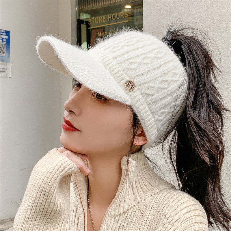 Empty Top Hat Women's Autumn and Winter Korean Style All-match Knitted Rabbit Wool Hat fleece-lined Thickened Warm Ear Protection Duck Tongue Baseball Cap