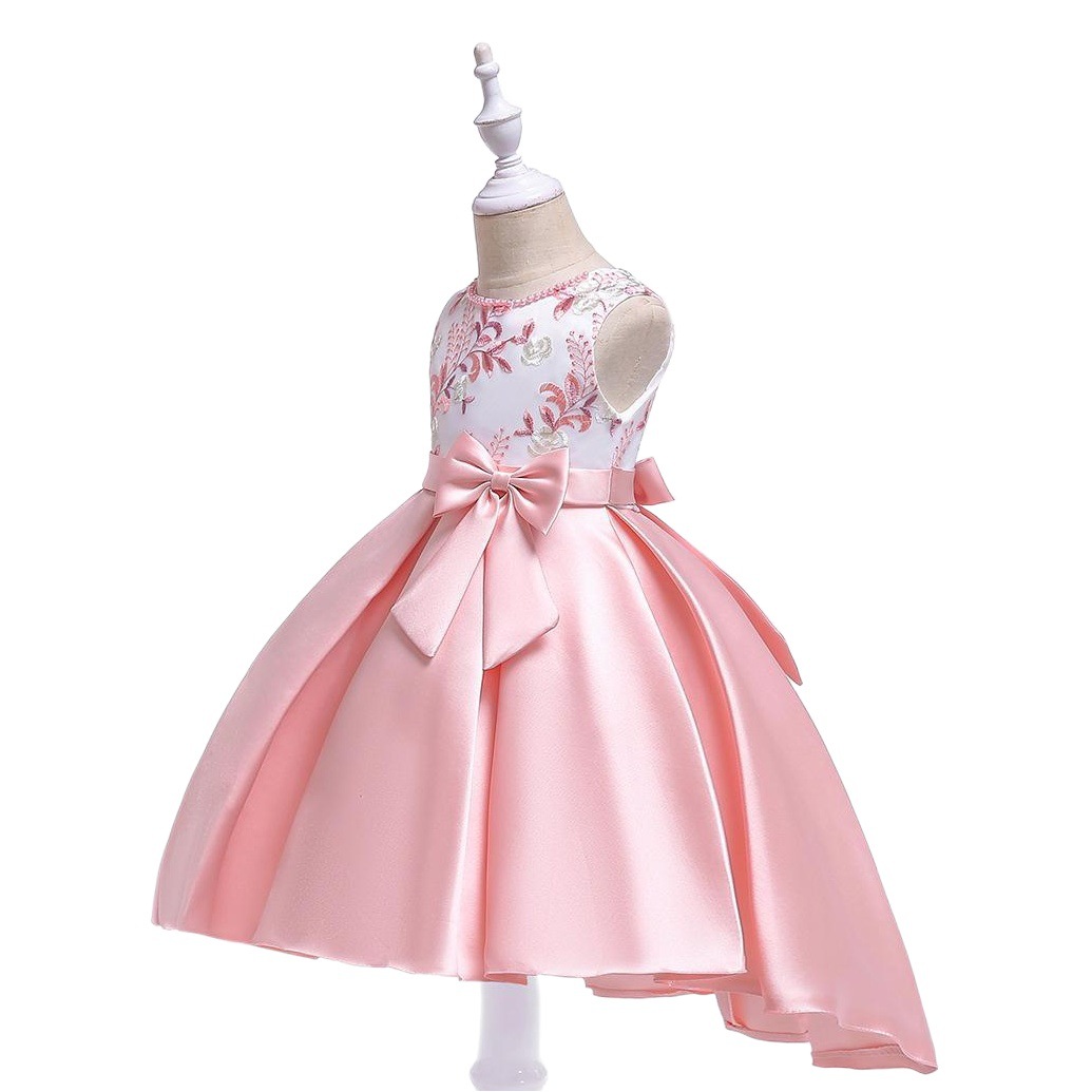 European and American New Tail Dress Girls Hand-Beaded Embroidered Princess Dress Twill Satin Bow Tuxedo Dress