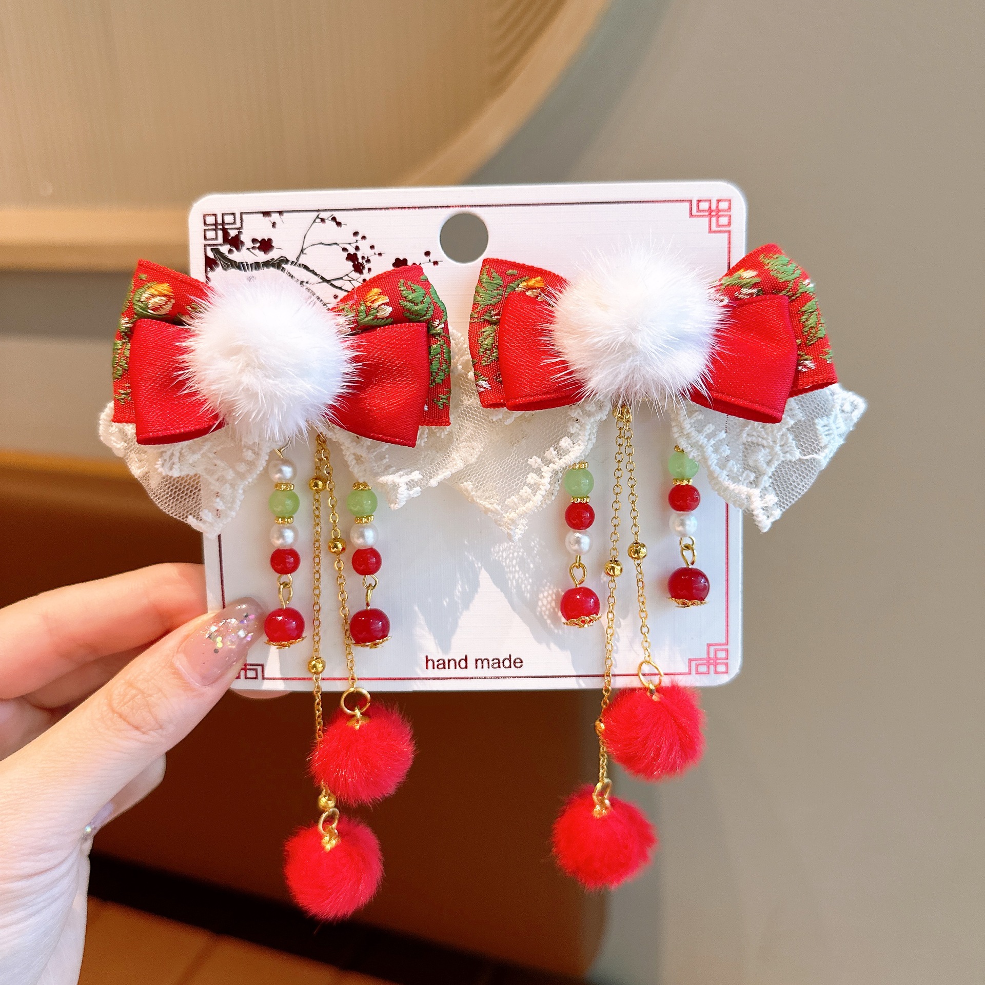 Picture of New Year Hanfu Hairpin Little Girl Happy New Year Plush Hairpin Girl Bow Hair Accessories Baby Antique Headwear