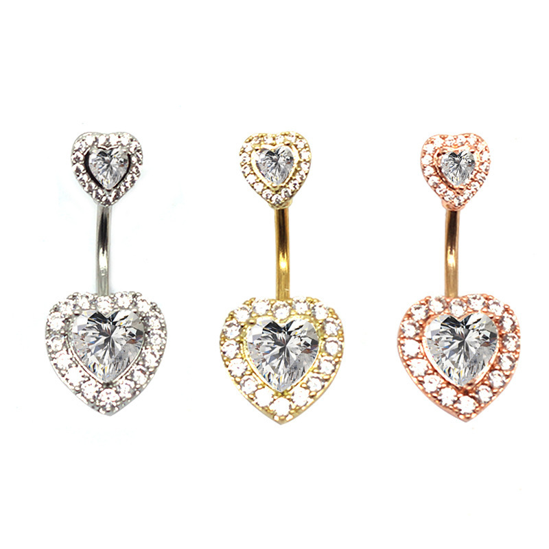 Double Heart-Shaped Stainless Steel Belly Button Ring with Heart-Shaped Navel Stud and Zircon Inlay Navel Jewelry