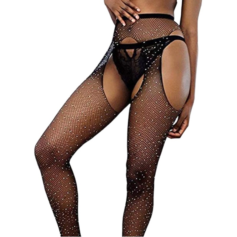 Amazon European and American sexy open crotch thin mesh rhinestone pantyhose sexy lingerie nightclub performance dance women