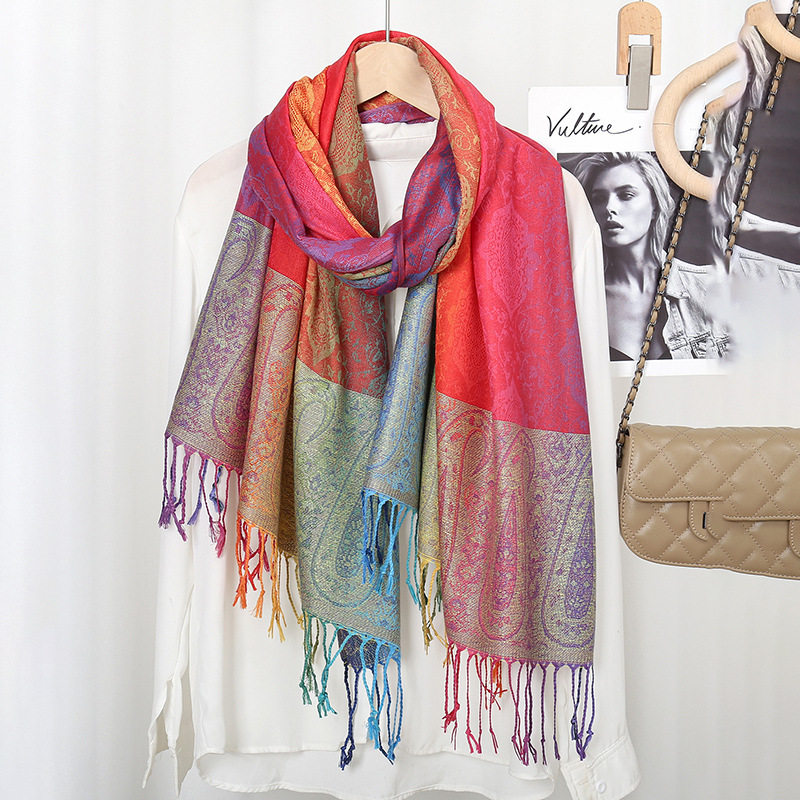 Picture of Amazon Same Style Ethnic Style Color Cashew Embroidered Long Scarf Rainbow Gradient Tassel Scarf Shawl Women's Bag Turban