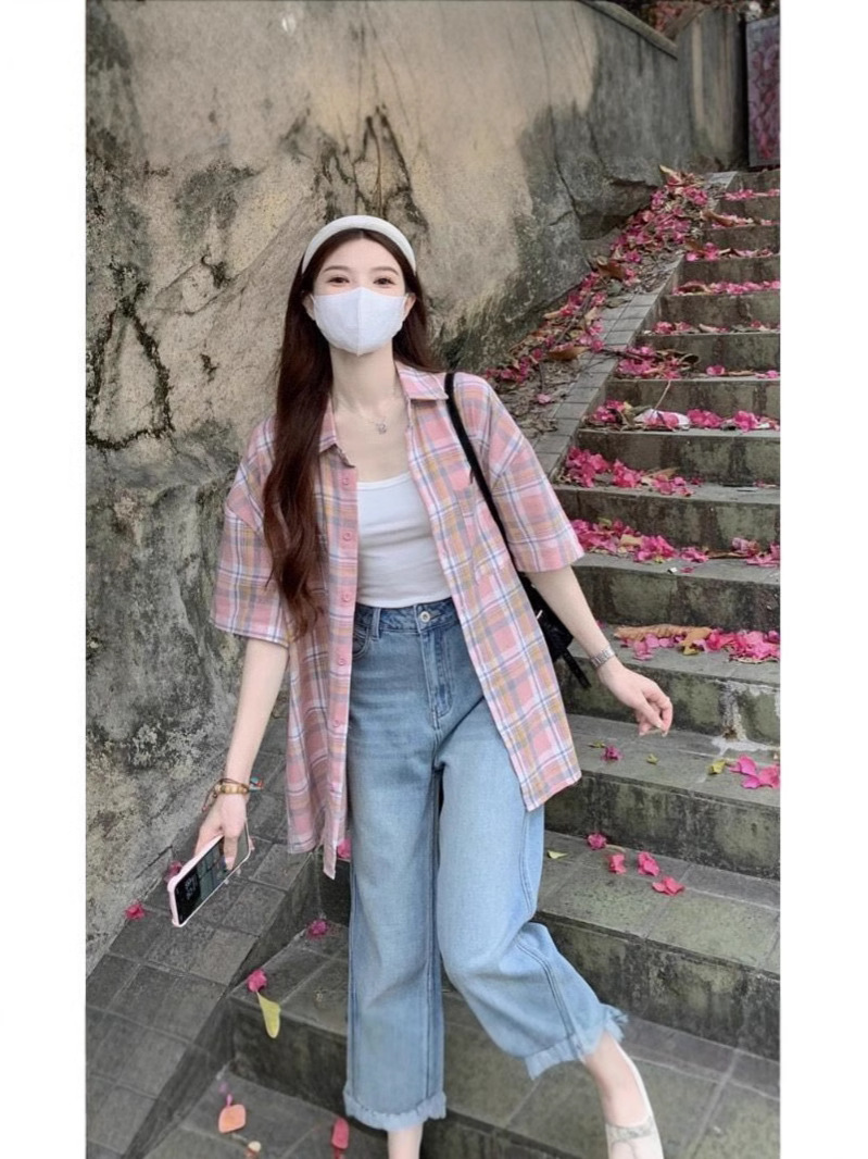 American Retro Pink Plaid Shirt Women's Summer High-End Design Niche Small Casual Short-Sleeved Jacket