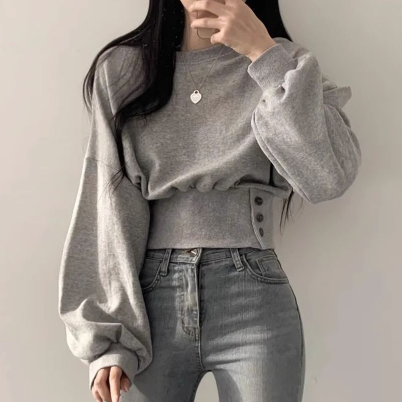 Korean chic Autum Niche Design Round Neck Buttoned Waist Slimming Look Long Sleeve Short Pullover Sweatshirt Top for Women