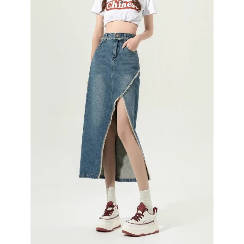 Cross Border! Women's High Waist Slim Look Raw Edge Split A- Line Mid-Length Skirt for Small Size Spring and Autumn Fashionable 2024 Skirt